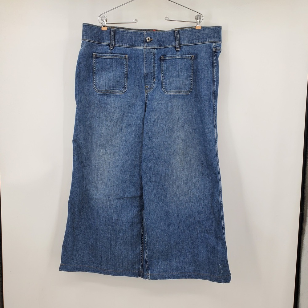 Spanx Wide Leg Cropped Denim Jeans Medium Wash High Rise Patch Pockets Pull On